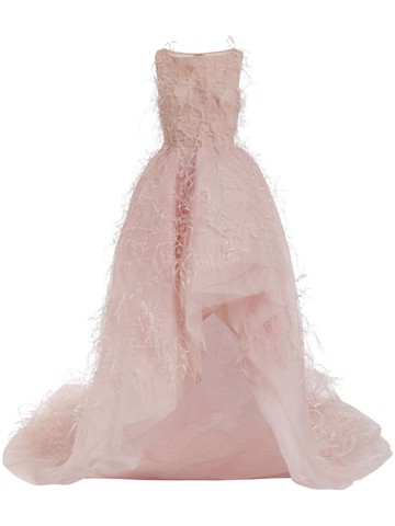 Marchesa - feather-embellished flared gown - women - Nylon - 4 - Pink