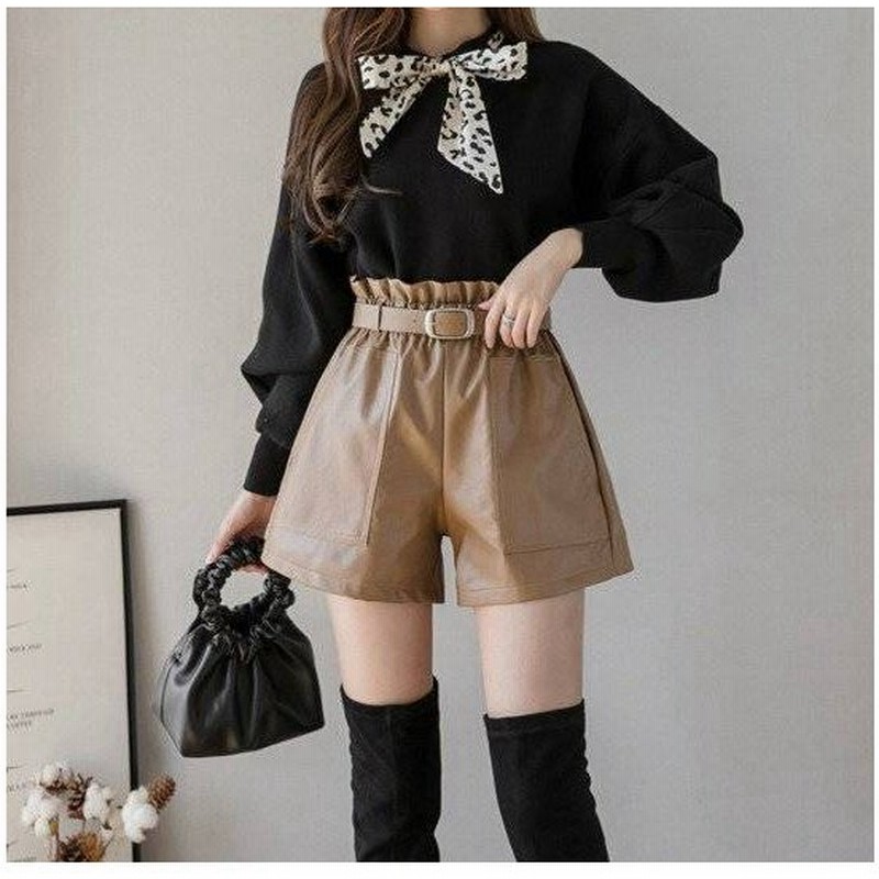 ショートパンツ ボトムス 短パン レディース 秋 冬 秋冬 大きいサイズ ショート丈 カジュアル 無地 おしゃれ かわいい ハイウエスト フェイクレザー ベルト付き 通販 Lineポイント最大get Lineショッピング