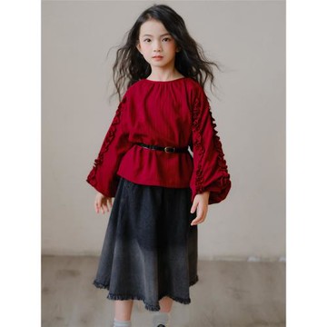 2025春秋女童新款雙層酒紅寬松娃娃衫燈籠袖花邊大童淑女氣質上衣