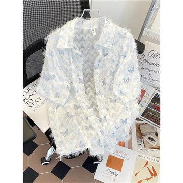 夏季國風潮流蘇蝴蝶滿印花襯衫短袖男女新款寬松設計垂感小眾襯衣