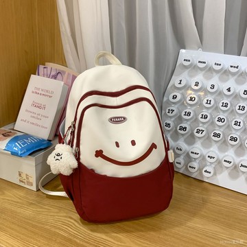 高顔值大容量初中女生撞色書包2024新款輕便休閒笑臉學生雙肩包批 【蜜桃匣子】