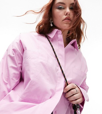 Topshop Curve oversized deep cuff shirt in pink