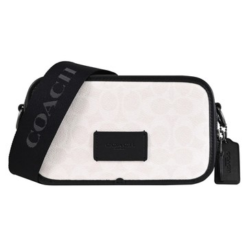 COACH CW365 WYATT 印花皮革雙層拉鍊斜背相機包.黑/白