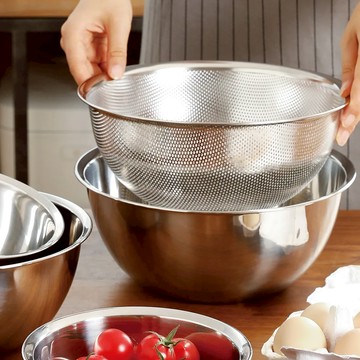 日本 霜山 304不鏽鋼料理用調理盆+瀝水盆2件組-27CM