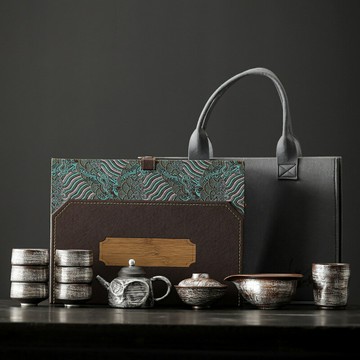 輕奢鎏銀粗陶功夫茶具套裝家用提梁壺陶瓷茶壺蓋碗泡茶高檔送禮盒