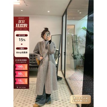 ICELOLLY【韓劇女主】灰色羊毛雙面呢子大衣女秋冬毛呢外套小個子