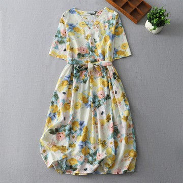 ＊ORead＊印花繫帶收腰過膝大擺純棉碎花連身裙(圖片色M~2XL)