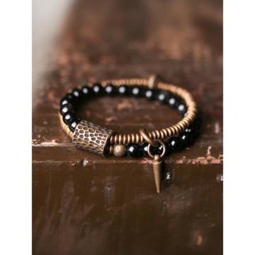 原創設計雙圈黑曜石手鏈男潮 簡約個性銅珠子手串女復古情侶手飾