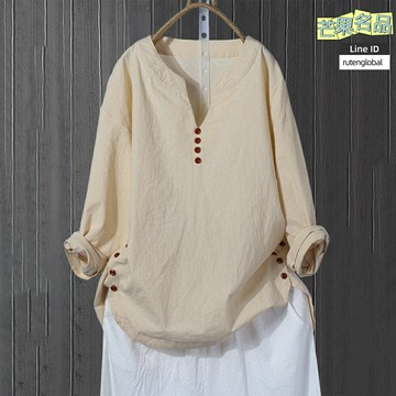 【國風V領顯瘦】大碼襯衫 女式襯衫 棉麻襯衫 寬鬆襯衫 上衣 國風V領 棉麻透氣 寬鬆顯瘦 工廠直銷 秋季百搭