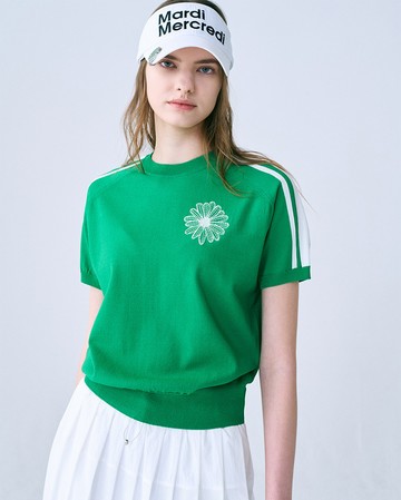 MARDI MERCREDI 印花短TEE 綠色 經典小雛菊 高爾夫系列 白花 STRIPE SLEEVE KNIT TOP HALF SLEEVE
