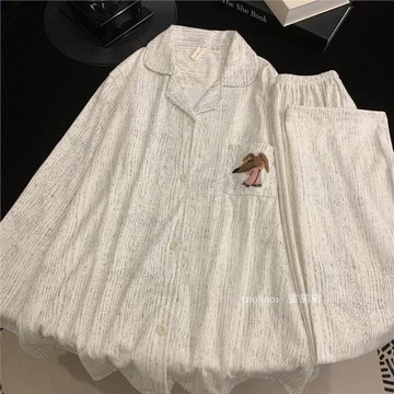 刺繡小狗德絨男士情侶睡衣女秋冬加厚保暖套裝學生雙面磨毛家居服