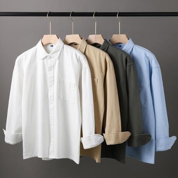 美式休閑 重磅純棉長袖工裝襯衫純色加厚春夏季寬松百搭翻領外套