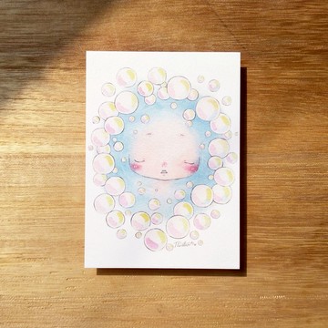 煩惱的重量 泡泡浴 水彩插畫明信片