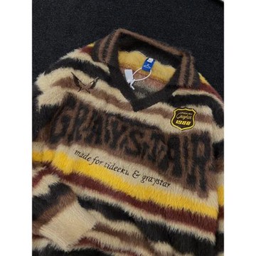 復古撞色條紋水貂毛V領針織衫女冬季軟糯寬松情侶慵懶松弛感毛衣