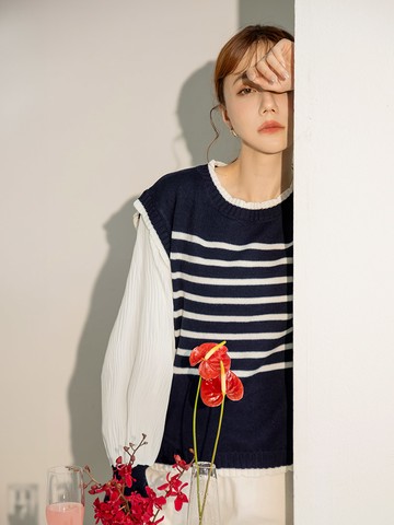 簡約條紋拼接雪紡袖針織上衣