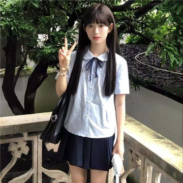 學院風jk藍色娃娃JK短袖襯衫小個子夏季日系甜美襯衣寬鬆上衣