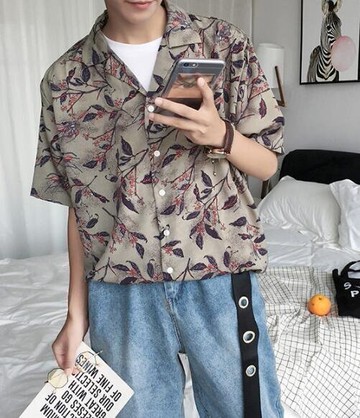 FINDSENSE MD 韓國 潮 男 休閒簡約 寬鬆五分袖 翻領鈕扣 樹葉印花襯衫 短袖T恤 短袖襯衫