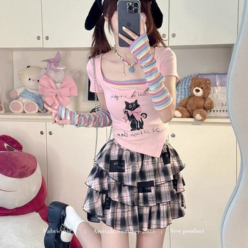 免運 臺灣出貨純欲風多巴胺粉色三件套裝女設計感修身顯瘦上衣彩虹手袖蛋糕裙子限時下殺 0515🔥🔥