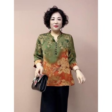 夏季新款媽媽裝真絲上衣復古定位印花V領大碼中袖桑蠶絲小衫套裝