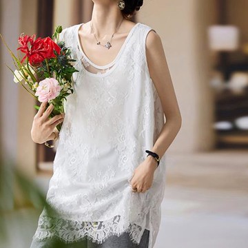 歐洲站大碼上衣2025夏季寬松文藝時尚休閑中長款蕾絲無袖背心女裝