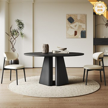 【意式復古風】實木圓桌 餐桌椅組合 巖板餐桌 實木餐桌 圓形餐桌 家用餐桌 1.5米10人位 全實木框架 黑色巖板檯面 高端餐廳傢俱