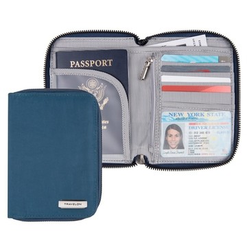 《TRAVELON》美國 對開拉鍊護照包-海藍-- RFID防盜 護照保護套 護照包 多功能收納包