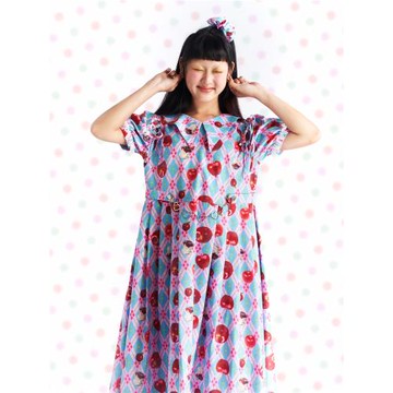 FRUITS原創紅蘋果藍色格子泡泡袖連衣裙