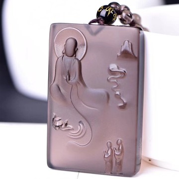 開光 天然冰種黑曜石問道吊墜 精雕黑曜石菩薩掛墜項鏈