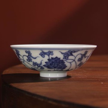 景德鎮復古雍正青花手繪纏枝蓮斗笠杯茶杯品茗杯主人杯古玩陶瓷器