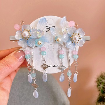 love, charlotte - 漢服花朵流蘇吊墜髮飾對夾-寶寶藍色