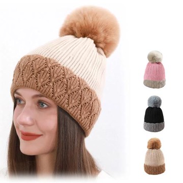 【A&R】秋冬可愛甜美粗針織拼接雙色毛球防寒帽(護耳帽 禦寒帽 雷鋒帽 保暖 顯臉小 生日 禮物)