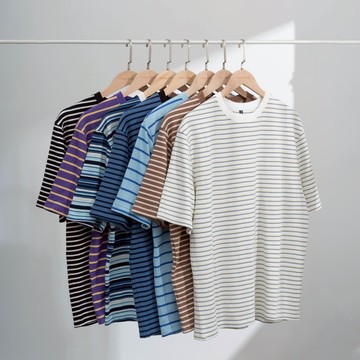 Liberty Kostume 夏季條紋短袖T恤港風寬松青春休閑圓領海魂短T男