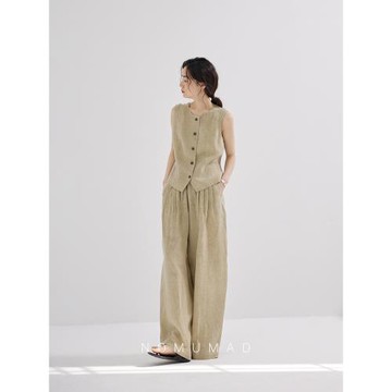 (免運)山嶼牧瑪2025夏季新款進口100亞麻夏新款馬甲背心上衣闊腿褲套裝