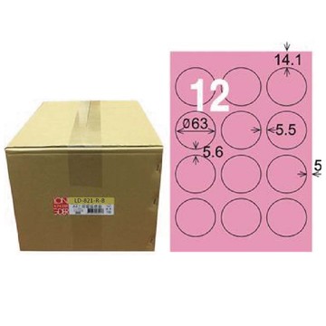 【龍德】LONGDER 三用電腦標籤 A4 12格 圓型標籤 直徑63mm粉紅1000張/箱 LD-821-R-B(適用雷射、噴墨、影印)