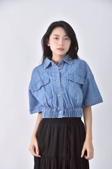 (XL) sunder market韓牌修身短版丹寧牛仔落肩藍色短袖上衣