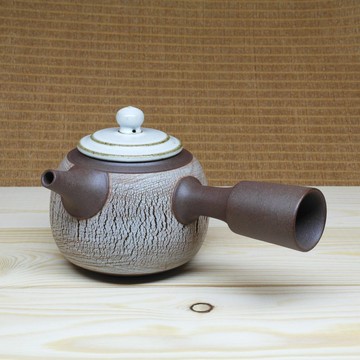 刷毛裂紋桶型潤白蓋側把茶壺 手作陶藝 茶道具