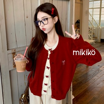 美木子｜針織上衣｜韓系假兩件蝴蝶結紅色【T101117】甜美上衣 蝴蝶結 紅色衣服 過年 圓領針織上衣 針織衫 針織開衫