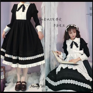 原創【早安先生】lolita 長短袖OP 英倫小女仆日常優雅簡約連衣裙
