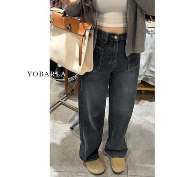 復古藍直筒牛仔褲女高腰秋冬加絨大碼胖mm寬松顯瘦梨形身材闊腿褲