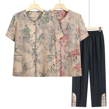 中老年人夏裝女短袖上衣服薄款60歲70媽媽雪紡開衫奶奶裝襯衫套裝