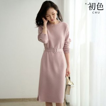 初色 氣質典雅純色圓領七分袖腰帶收腰開叉中長裙連衣裙連身洋裝-共2色-17513(F可選)