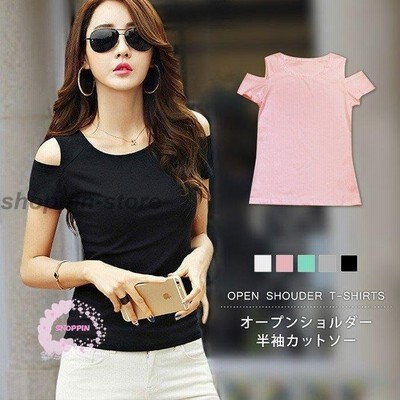 ワンショルダー オフショルダー カットソー Tシャツ 半袖 レディース オープンショルダー カットショルダー シンプル ホワイト 白 無地 春 夏 春夏 通販 Lineポイント最大get Lineショッピング