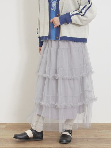 柔美薄紗荷葉邊蛋糕分層長裙(0F000447910) - Samansa Mos2