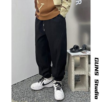 杠叔褲子男秋冬季加絨簡約休閑寬松束腳長褲子時尚百搭潮流美式