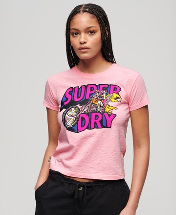 Superdry Women's Women's Neon Motor Graphic Fitted T-Shirt Pink / Romance Rose Pink Slub - Size: 14 Size: 10