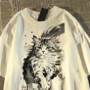 日系復古水墨貓印花短袖t恤女男2025新款純棉百搭休閑半袖上衣夏