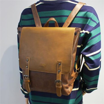 2024新款復古雙肩包韓版潮男女包旅行背包瘋馬PU大容量書包電腦包