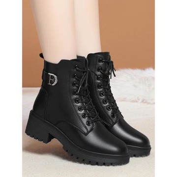 粗跟馬丁靴女2024冬春季新款加絨保暖短靴英倫風皮鞋女百搭靴子