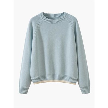 100%純棉圓領毛衣女加厚秋冬2024新款插肩袖寬松設計感撞色針織衫