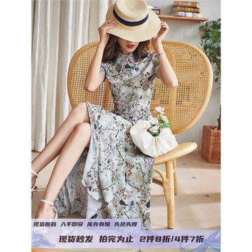 法式復古碎花連衣裙夏長款469短袖翻領懷舊透氣顯瘦灰色雪紡麻裙